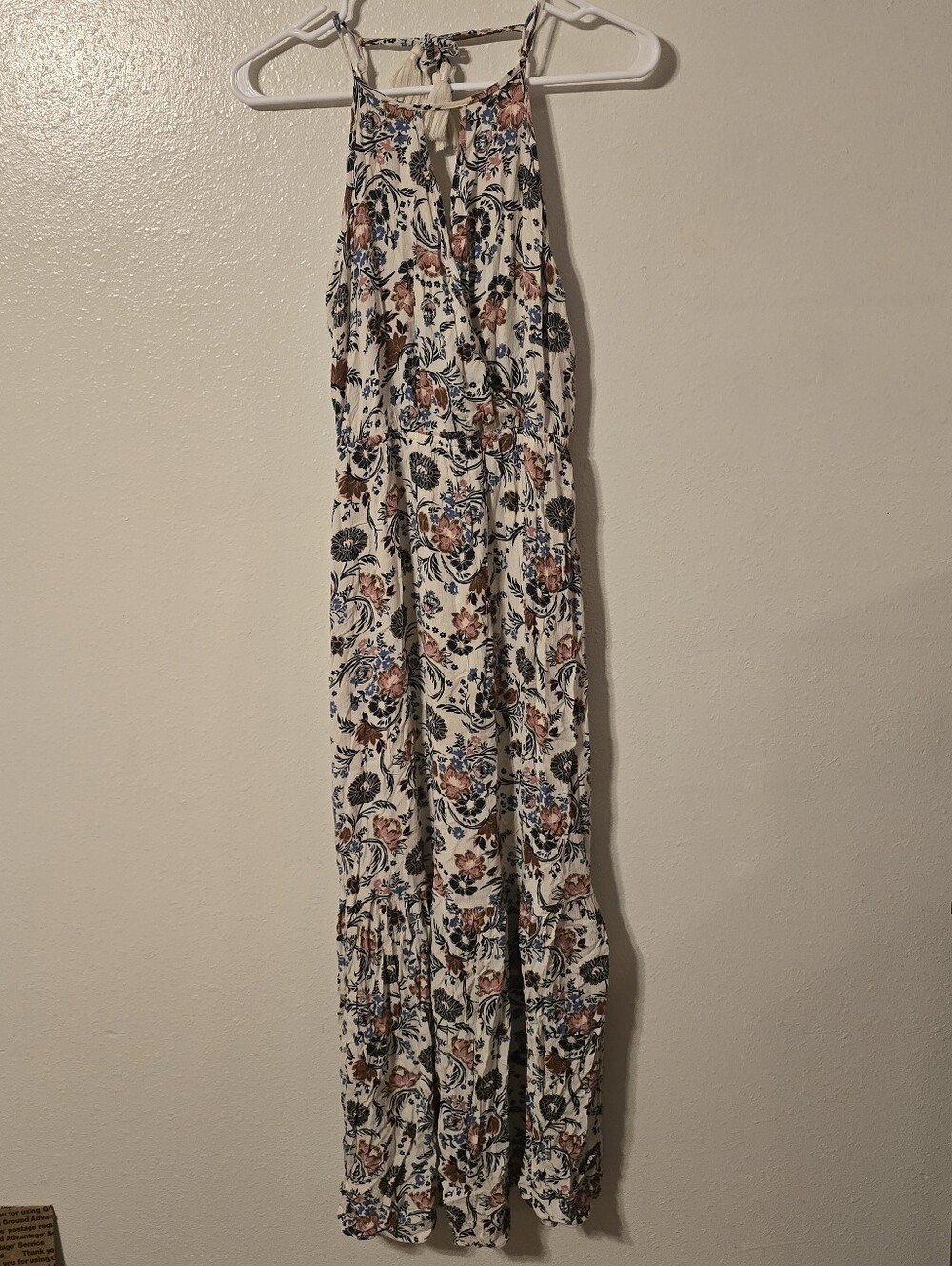 American Eagle Floral Halter Maxi Dress XS Cream Boho Lined